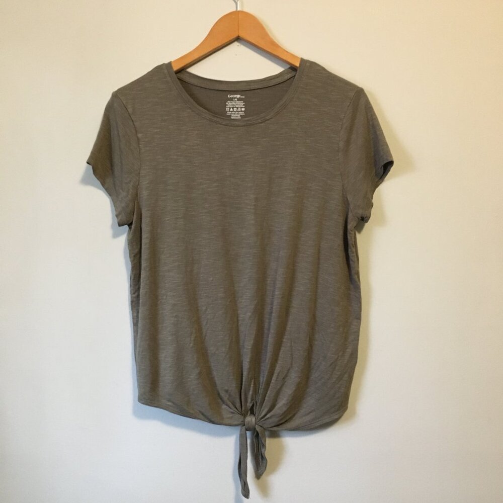 George Olive Green Ribbed Rayon Tie Hem Crew Neck Tee L